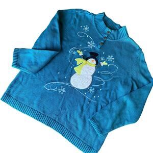 Christopher & Banks Women's Teal Blue Snowman Mock Neck Knit Sweater L WHIMSICAL